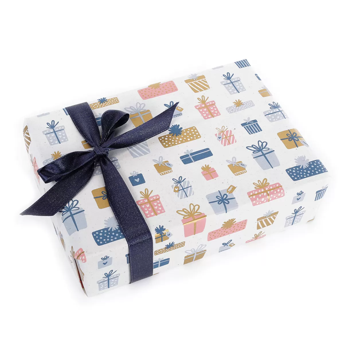 DecoWoerner Papier Kraft écologique De Betterave à Sucre Avec Cadeaux Roses, Bleus & Or - Rouleau De 50 M De Papier Cadeau
