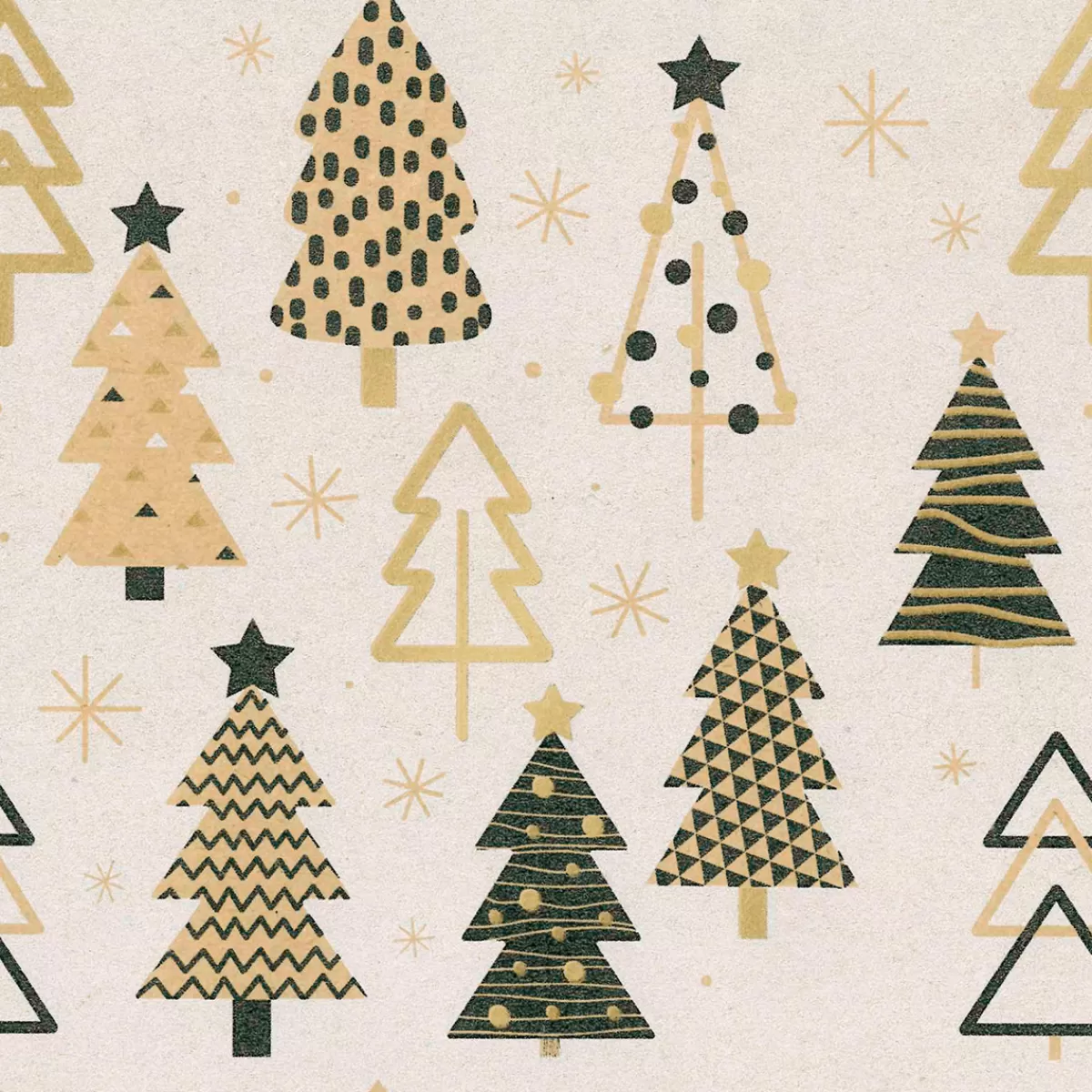 DecoWoerner Papier Kraft Recyclé Avec Arbres De Noël Beige, Noir & Or - Rouleau De 50 M De Papier Cadeau