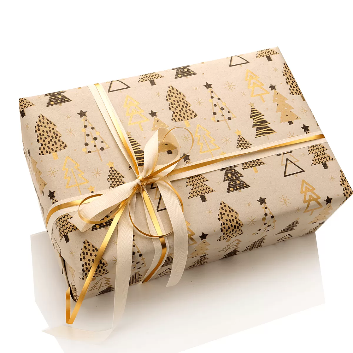 DecoWoerner Papier Kraft Recyclé Avec Arbres De Noël Beige, Noir & Or - Rouleau De 50 M De Papier Cadeau