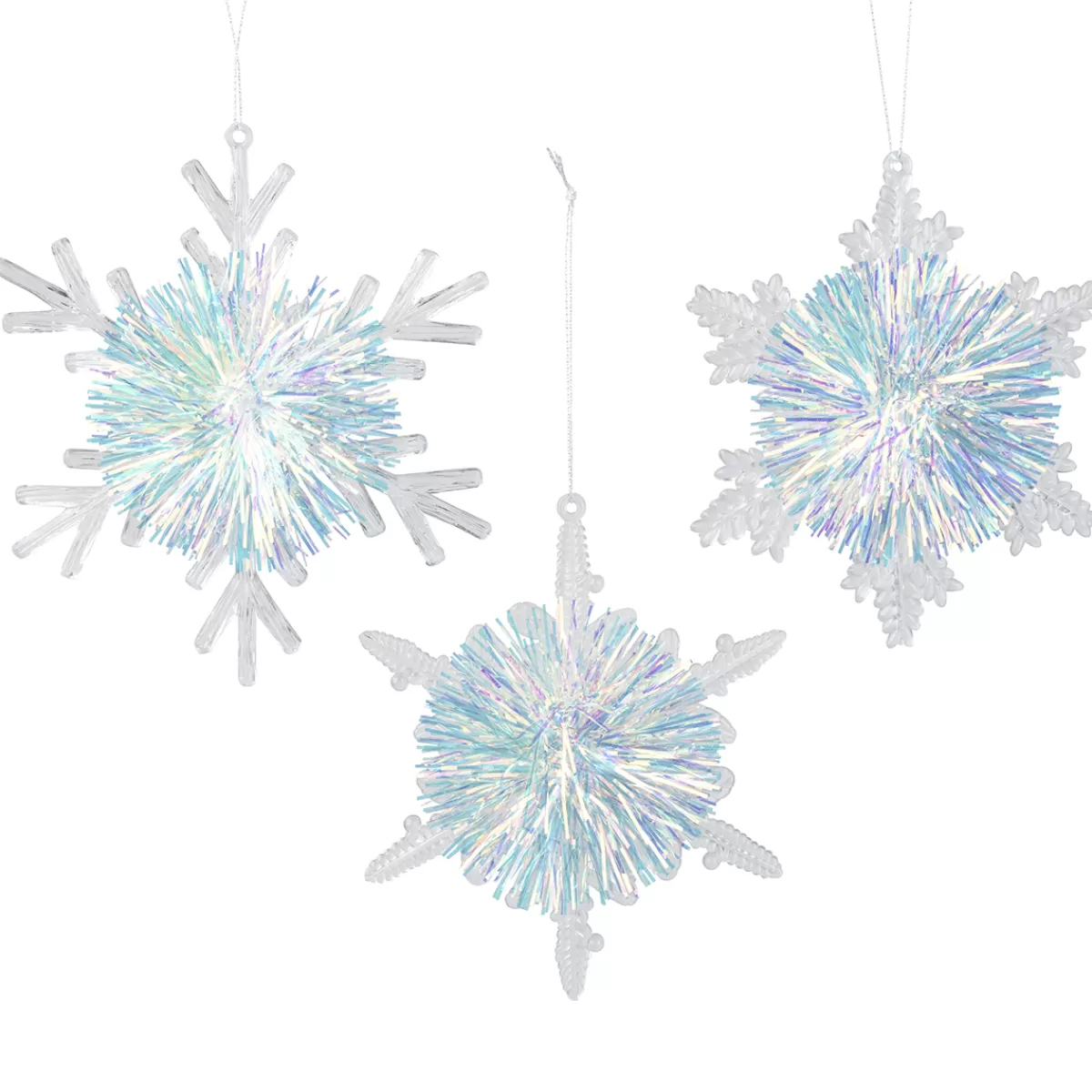 DecoWoerner Pendentif Flocon De Neige Irisé, Set De 3 Pièces, 10 Cm Ø