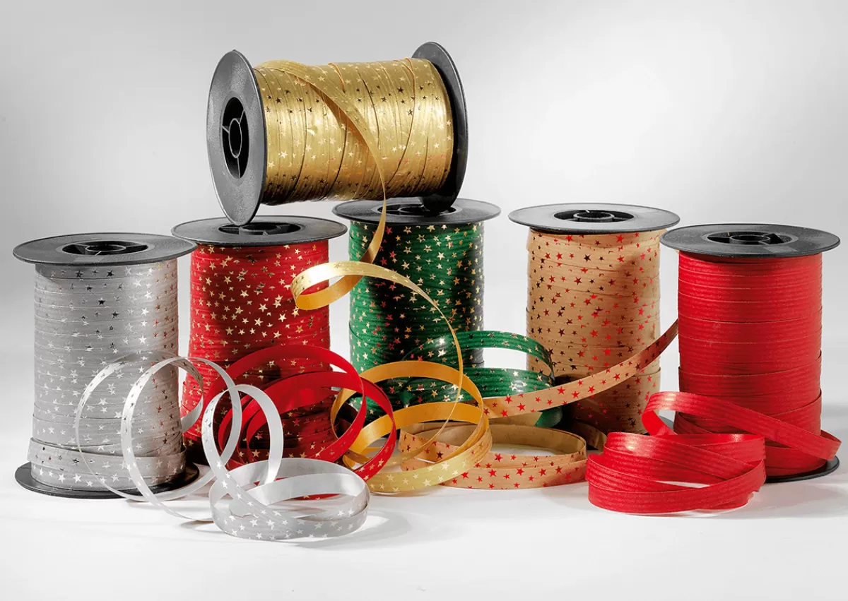 DecoWoerner Ruban Poly à Friser "Étoiles", 10 Mm, 100 M, Sapin