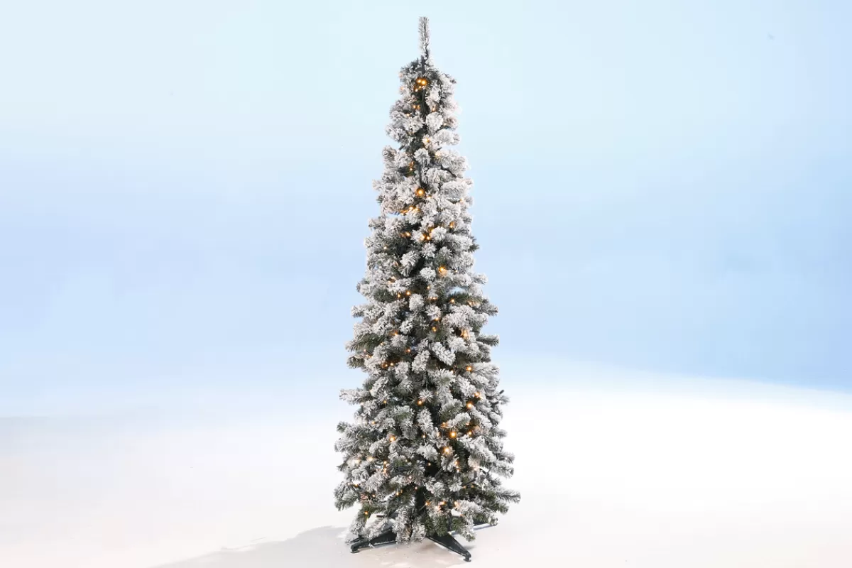 DecoWoerner Sapin Artificiel étroit, Enneigé Avec LED 150 Cm