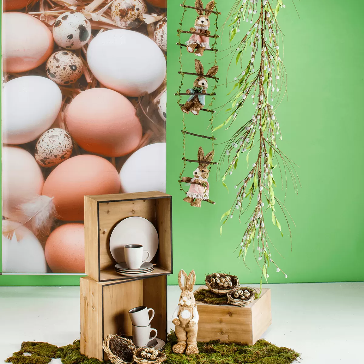 DecoWoerner Suspension Décorative "Lapins Sur échelle En Bois", 120 Cm De Long